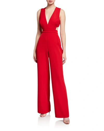 Aidan Mattox Plunge-neck Sleeveless Crepe Jumpsuit With Cutouts In Black