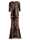 Alice And Olivia Jae Sequined 3/4-sleeve Keyhole-back Gown In Black Multi