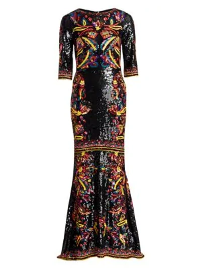 Alice And Olivia Jae Sequined 3/4-sleeve Keyhole-back Gown In Black Multi