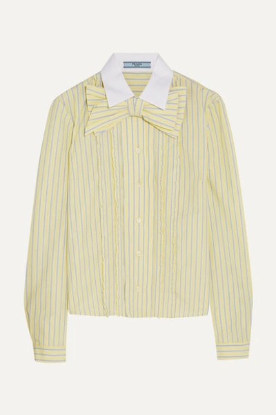 Prada Bow-embellished Ruffled Striped Cotton Shirt In Pastel Yellow