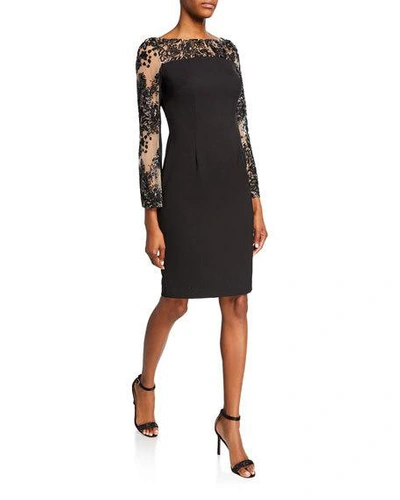 Carmen Marc Valvo Infusion Crepe Sheath Dress With Embellished Long Sleeves In Black