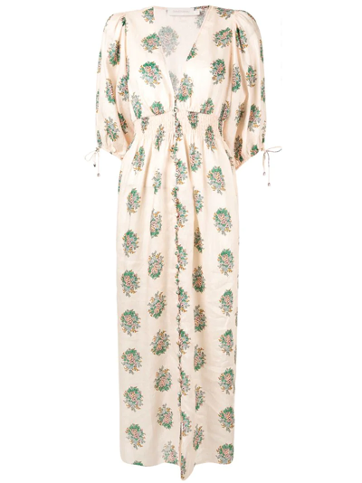 Zimmermann Verity Floral-print Linen Midi Dress In Neutrals