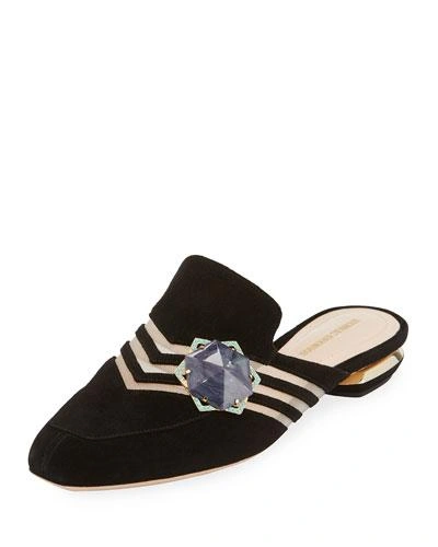 Nicholas Kirkwood 'camille' Hexagon Stone Cutout Suede Loafer Mules In Black