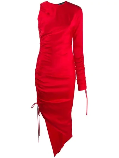 David Koma Asymmetric Ruched Satin Midi Dress In Red