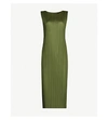 Issey Miyake Sleeveless Satin Pleated Midi Dress In Khaki