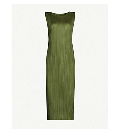 Issey Miyake Sleeveless Satin Pleated Midi Dress In Khaki