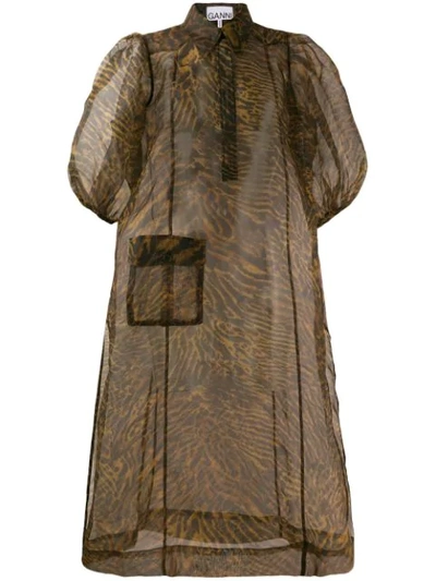 Ganni Tiger Stripe Print Sheer Organza Midi Dress In Marrone