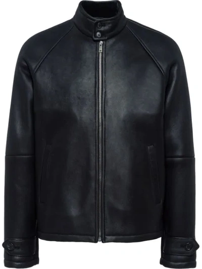 Prada Leather Bomber Jacket In Black