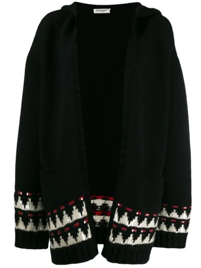 Saint Laurent Embellished Wool Maxi Cardigan W/ Hood In Black