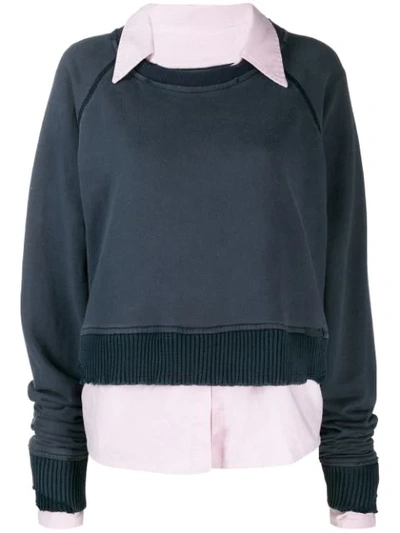 Greg Lauren Poplin Collar Sweatshirt In Blue