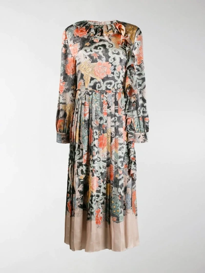 Valentino Oriental Print Satin Dress In Neutrals