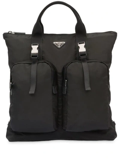 Prada Logo Plaque Tote Backpack In Black