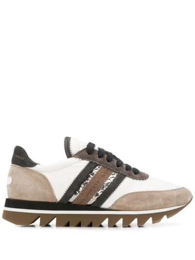 Brunello Cucinelli Leather And Suede Sneakers With Exaggerated Sole In Neutrals