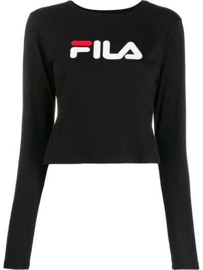 Fila Cropped Logo Print Top In Black