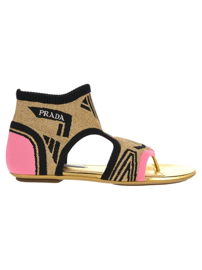 Prada Socks Ankle Sandals In Pink + Black + Gold