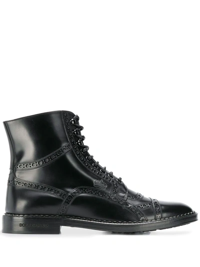 Dolce & Gabbana Calfskin Full Brogue Ankle Boots In Black