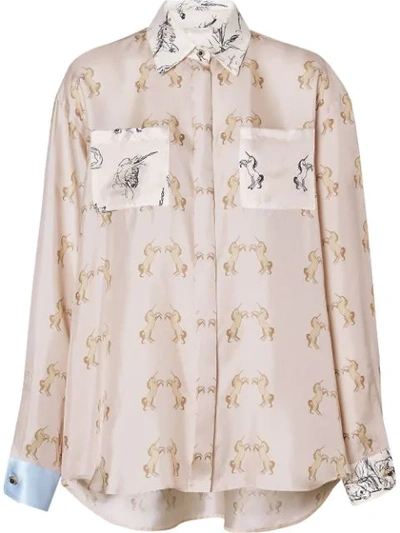 Burberry Contrast Unicorn Print Silk Twill Shirt In Neutrals