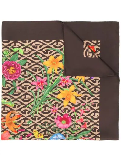 Gucci Silk Scarf With Flora And G Rhombus Print In Beige