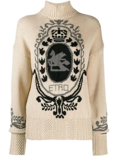 Etro Intarsia Logo Turtleneck Sweater In Beige