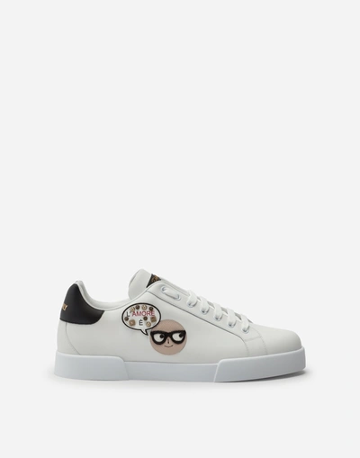 Dolce & Gabbana Calfskin Portofino Sneakers With Patches Of The Designers In White/black