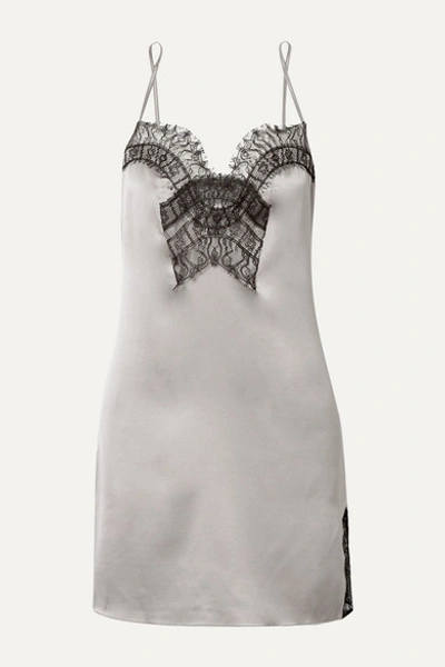 Kiki De Montparnasse Lace-trimmed Stretch-silk Satin Chemise In Gray