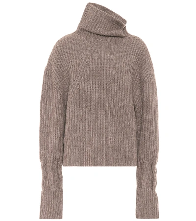 Jw Anderson Embellished Ribbed Wool And Cashmere-blend Turtleneck Sweater In Brown