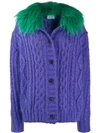 Prada Faux Fur-trimmed Cable-knit Mohair-blend Cardigan In Purple