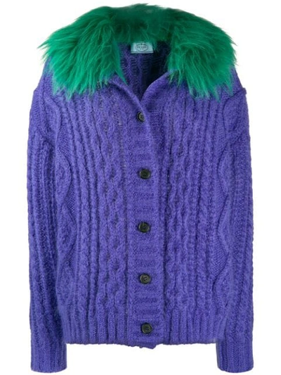 Prada Faux Fur-trimmed Cable-knit Mohair-blend Cardigan In Purple