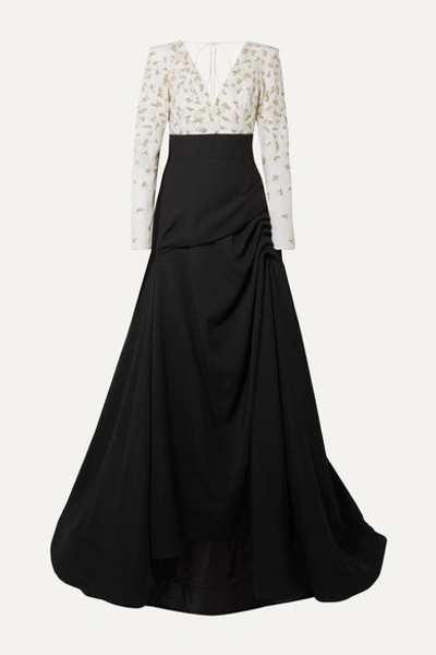 Burnett New York Ruched Embellished Tulle And Crepe Gown In Black