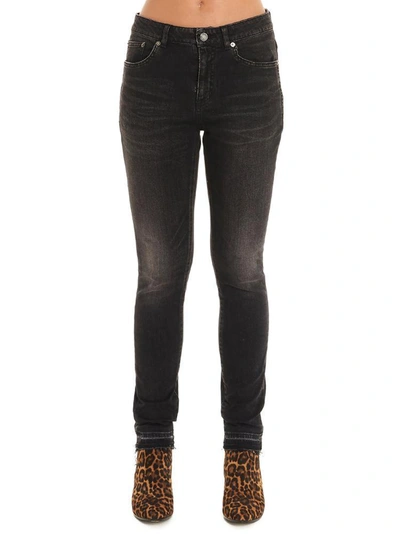 Saint Laurent Skinny Frayed Edge Jeans In Black