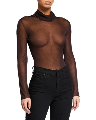 Bottega Veneta Sheer Jersey Turtleneck Bodysuit In Dark Brown