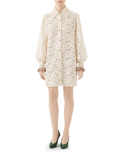 Gucci Flora Lace Flare Cuff Shirtdress In Ivory