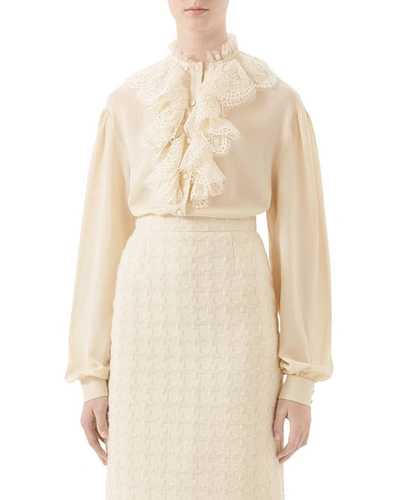 Gucci Silk Crepe De Chine Lace-placket Blouse In White