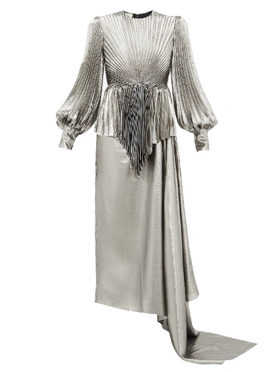 Gucci Metallic Silk Gown With Pleated Bodice & Asymmetric Train In Silver