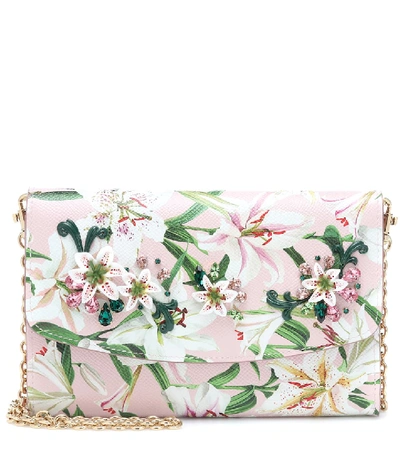 Dolce & Gabbana Leather Lily Print Wallet Bag In Pink