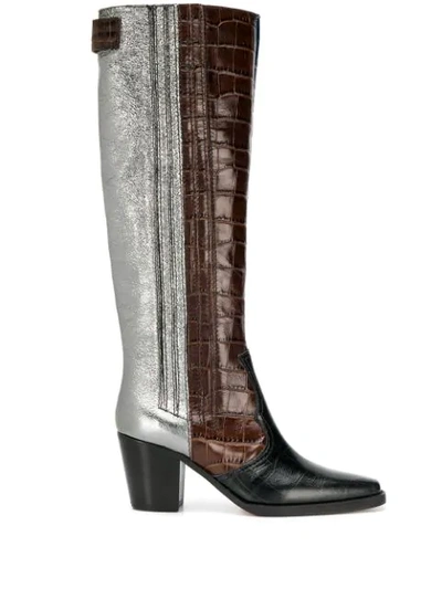 Ganni Mixed Pattern Western Knee Boots In Grey