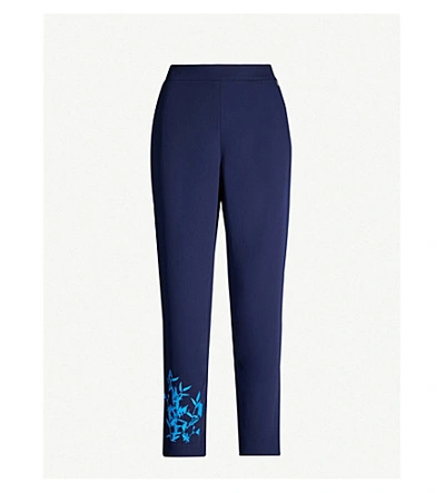 Ted Baker Floral-embroidered Slim High-rise Crepe Trousers In Dk-blue