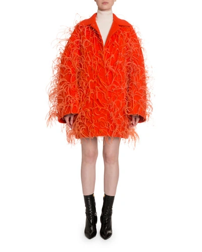 Valentino Oversized Feather-trim Drop-shoulder Coat In Orange