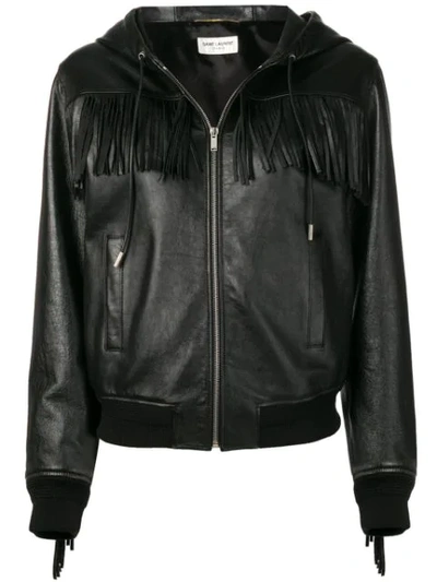 Saint Laurent Leather Fringe-yoke Zip-front Bomber Jacket In Black