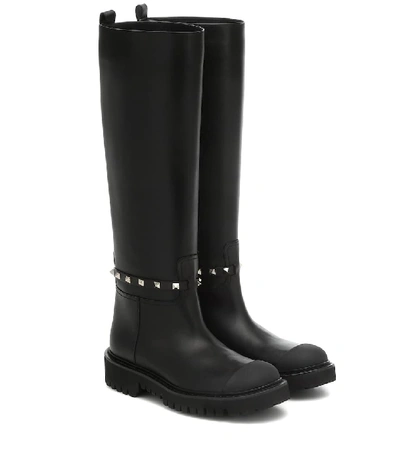 Valentino Garavani Lug-sole Biker Knee Boots In Black