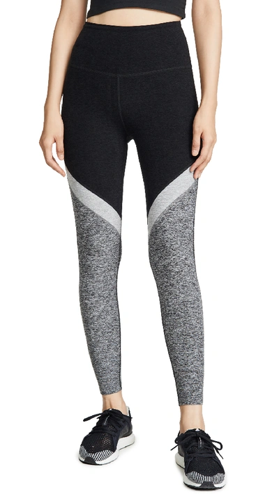 Beyond Yoga Tri-panel Space-dye High-waist Midi Leggings In Black-white Tri-panel