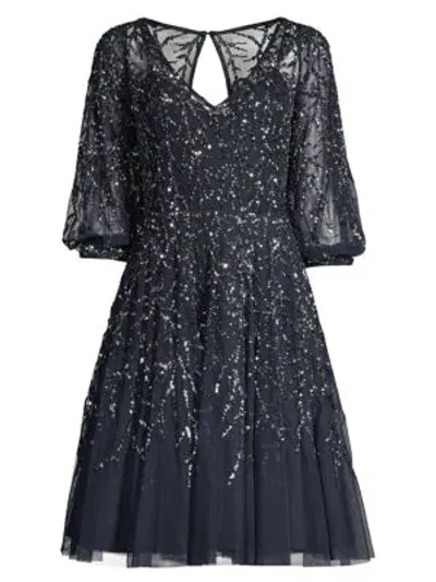 Aidan Mattox Beaded V-neck Blouson-sleeve Fit-&-flare Dress In Twilight