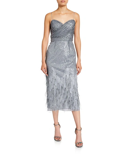 Aidan Mattox Sequin & Feather Sweetheart Midi Cocktail Dress With Spaghetti-straps In Silver Gray