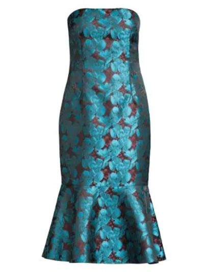 Aidan Mattox Strapless Floral Jacquard Flounce-hem Dress In Teal