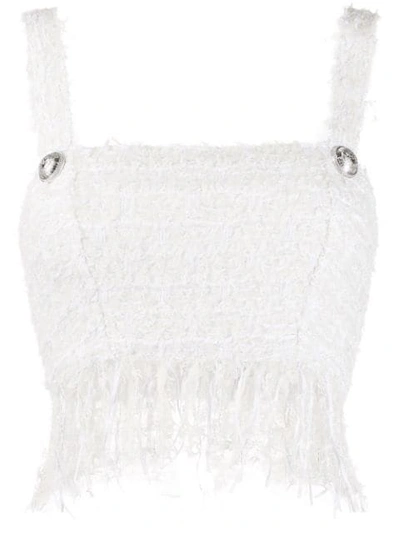 Balmain Fringed Lurex Tweed Crop Top In Pink