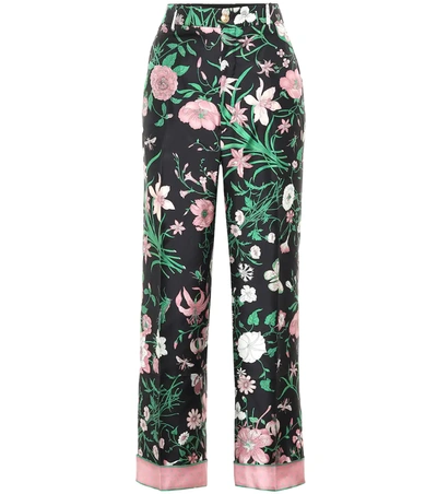 Gucci Flora Print Silk Twill Crop Pants In Black/ Pink Print
