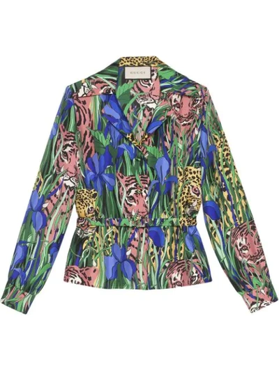 Gucci Feline Garden Print Silk Twill Blouse In Multicolor