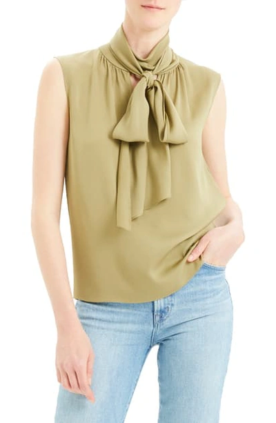 Theory Scarf Tie Sleeveless Stretch Silk Blouse In Pale Moss
