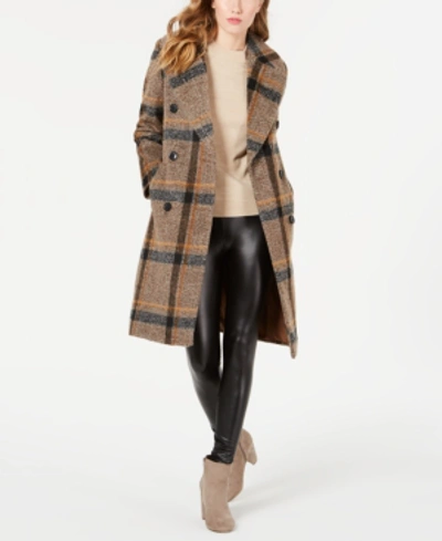 Kendall + Kylie Plaid Double-breasted Coat In Brown