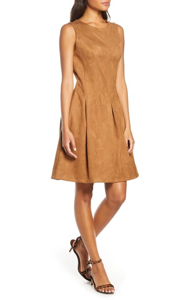 Donna Ricco Pleated Fit & Flare Faux Suede Dress In Tan/ Black